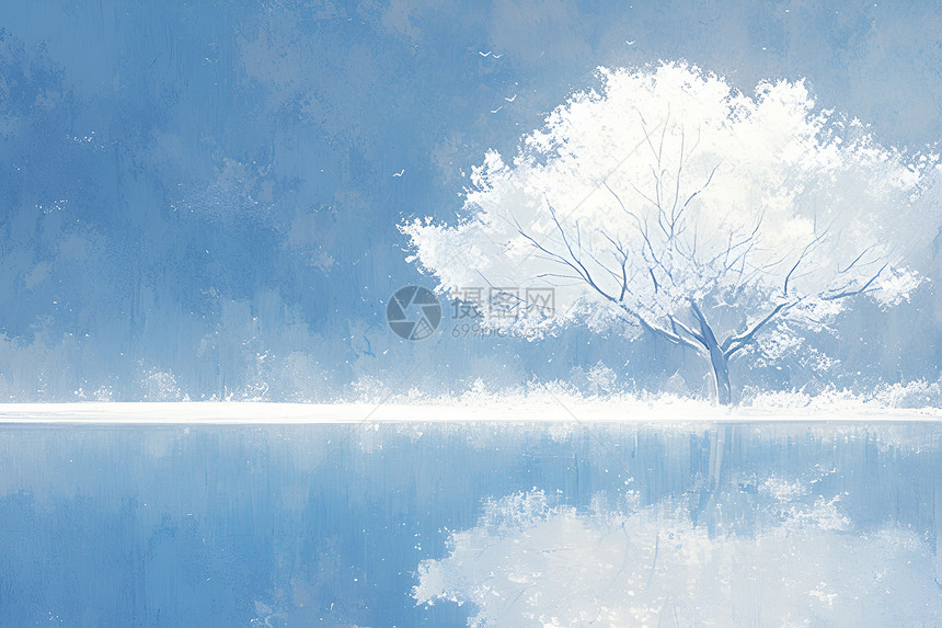冬日宁静湖边的树图片