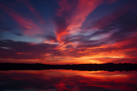 湖泊日落天空中的绚丽云彩背景