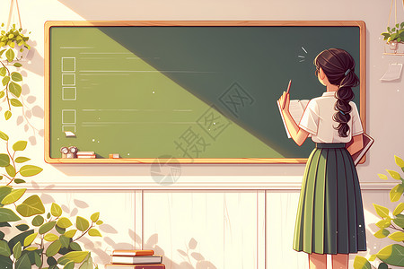 粉笔铅笔画女孩在黑板上写字插画
