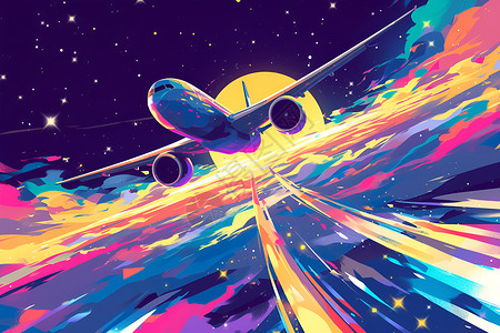 飞机夜空飞向星空的绚丽飞机插画