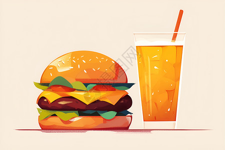 美味汉堡和橙汁图片