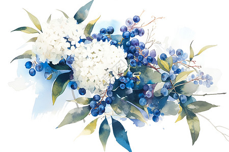 白色果汁新鲜的蓝莓和花朵插画