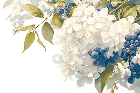 白色绣球花与果实插画