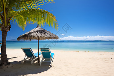 热带海滩上两把躺椅高清图片