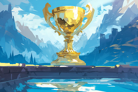 湖畔的黄金奖杯背景图片