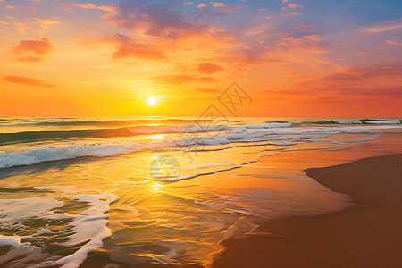 波浪金色阳光洒在的海摊上背景