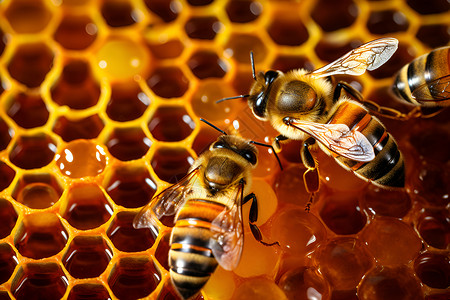 蜂房上的两只蜜蜂背景