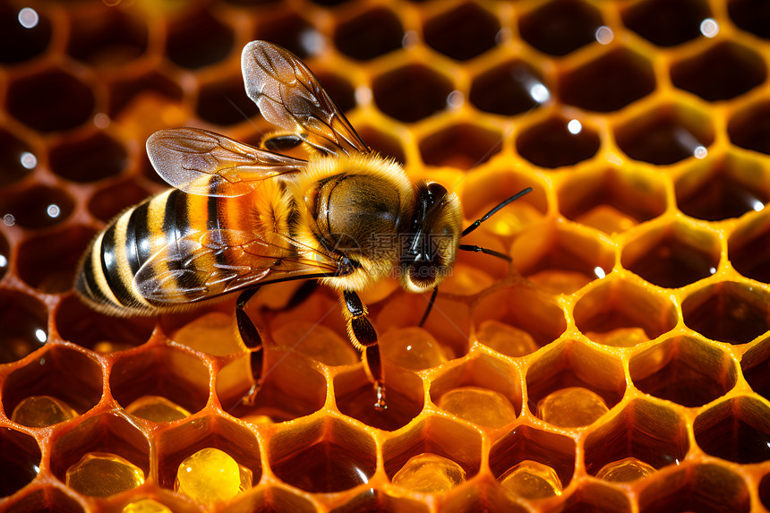 一只蜜蜂在蜂巢上图片
