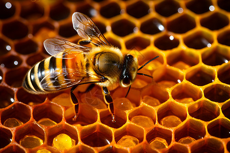 采蜂蜜小姑娘一只蜜蜂在蜂巢上背景
