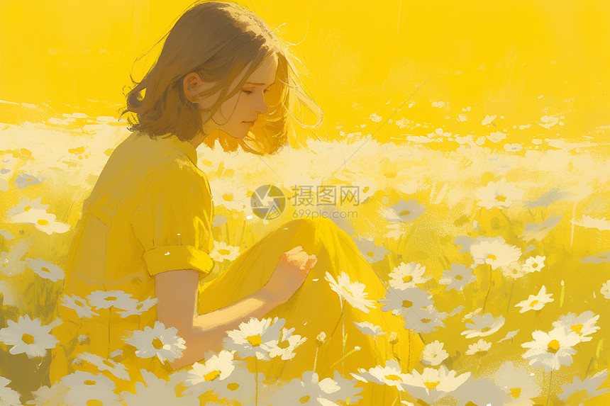 野花中的黄衣少女图片