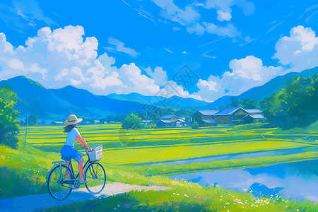 旅行山川女孩骑车穿越山川插画