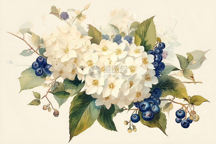 白绣球花的艺术插画图片