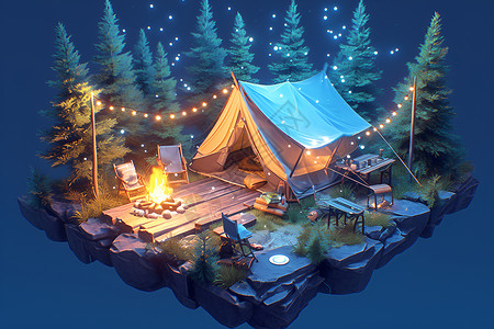 搭建帐篷夜幕下的悬浮岛屿插画