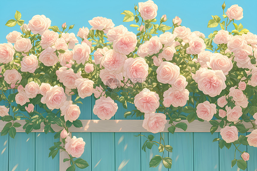 木栅栏上的玫瑰丛图片