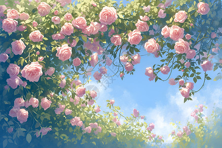 花卉丛郁郁葱葱的玫瑰丛插画