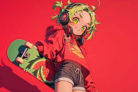 耳机分割线绿头发的女孩热爱滑板插画