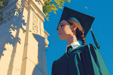 戴毕业帽西瓜教学楼下站立的学生插画