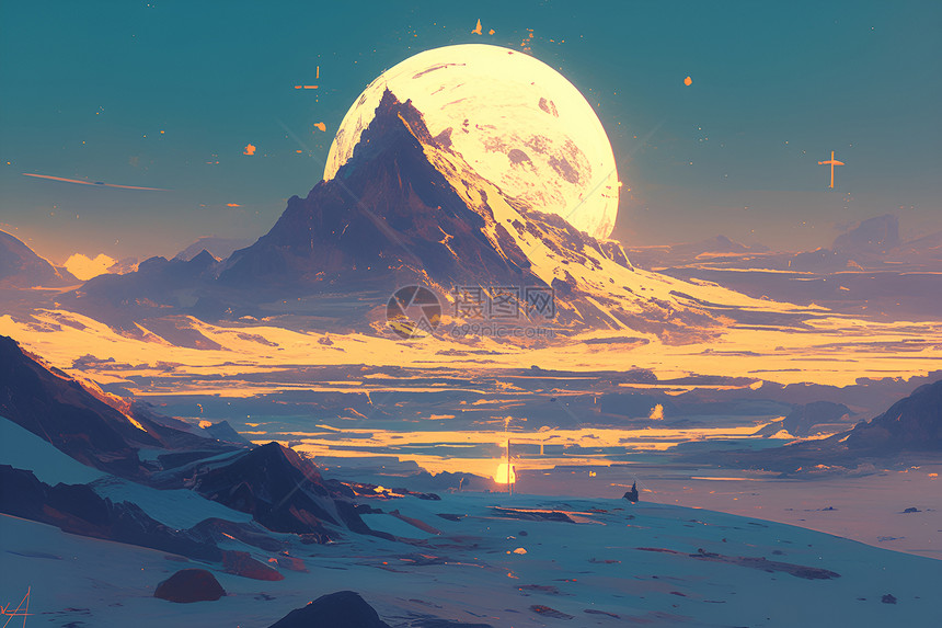 月光洒满黄沙与山峰图片