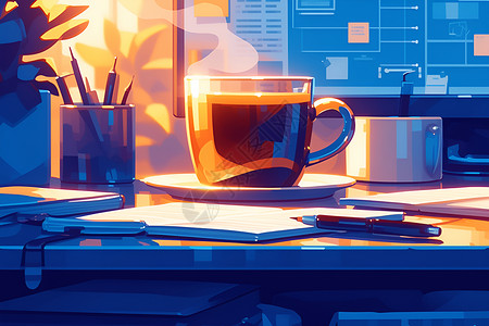 桌面上的笔记本办公桌面上的一杯咖啡插画