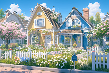 旅行别墅小房子缤纷花园中的可爱小房子插画