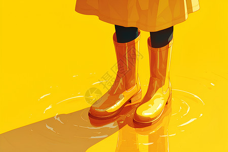黄色鞋子穿黄色雨靴的人站在水坑中插画