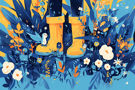 一双彩色护袖植物花丛中的一双鞋子插画