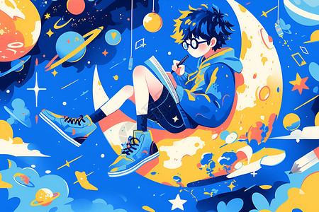 男孩坐在月亮上坐在月亮上的男孩插画