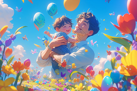 拉着气球抱着男孩的父亲插画