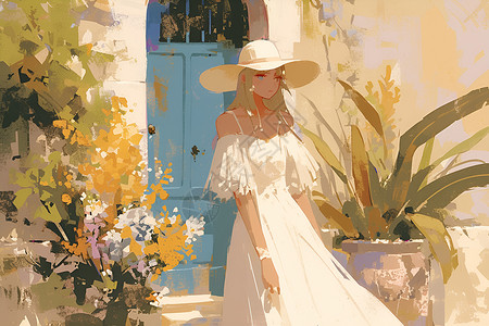 夏天美丽裙子穿着白色裙子的女孩插画