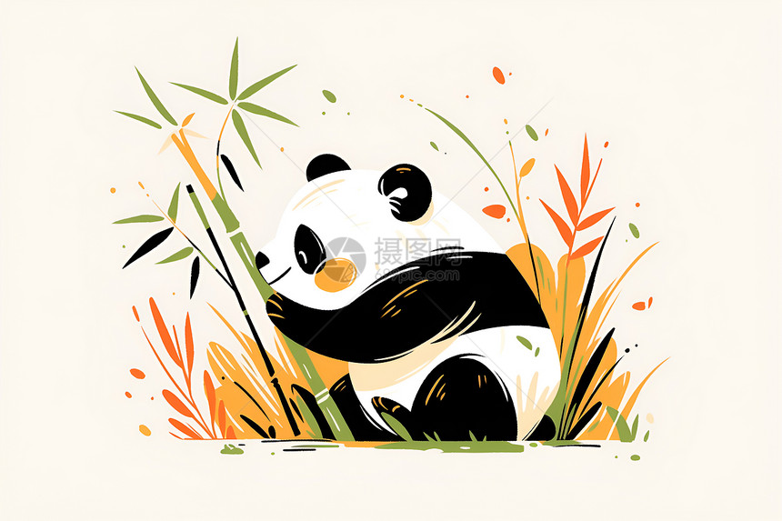 抱着竹子的熊猫插画图片