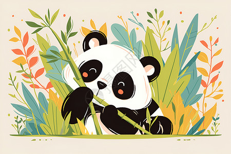 熊猫可爱拿着竹子的熊猫插画
