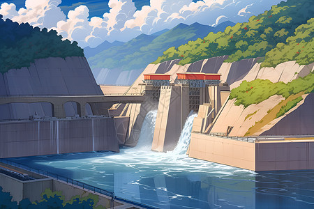 水力赛跑山谷中的水力发电大坝插画