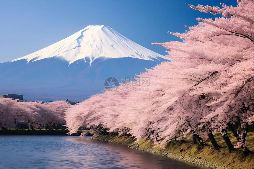 樱花山与湖景图片