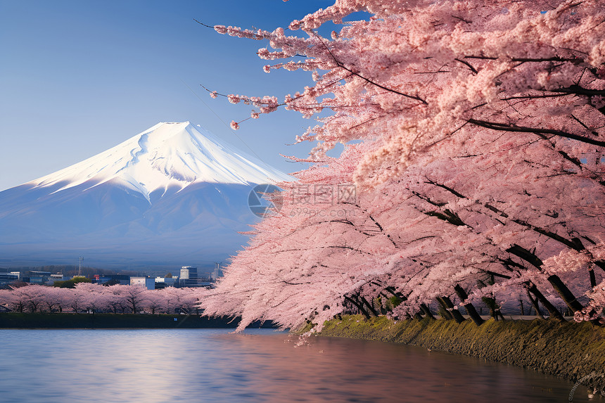 樱花湖上的富士山图片
