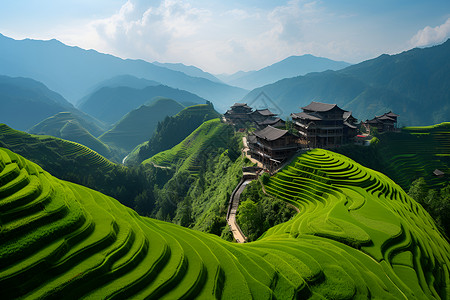 传统山脉上的梯田背景图片