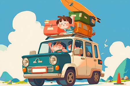 小区车辆开车旅行的一家人插画