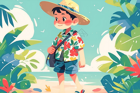 带草帽海滩漫步的男孩插画