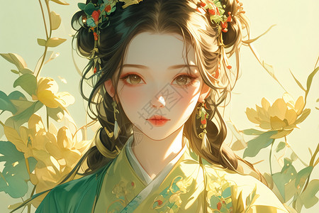古风簪子素材花朵簇拥的绿衣少女插画