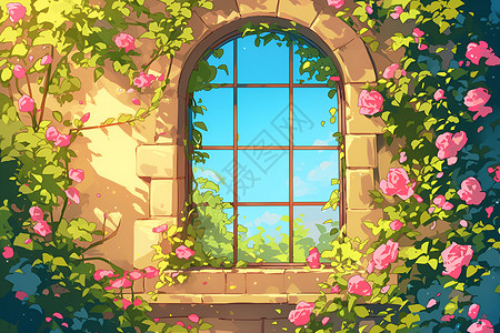 窗户上的花卉插画