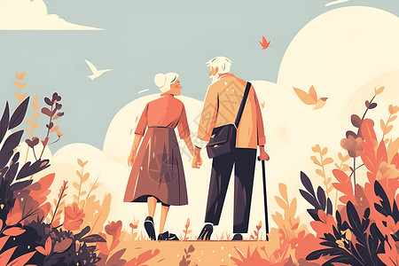 外国老年草地上的两夫妻插画