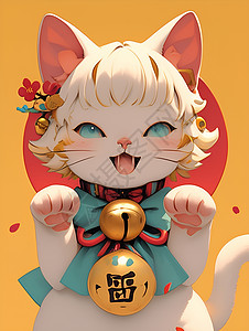 金吉拉猫佩戴金铃铛的招财猫插画