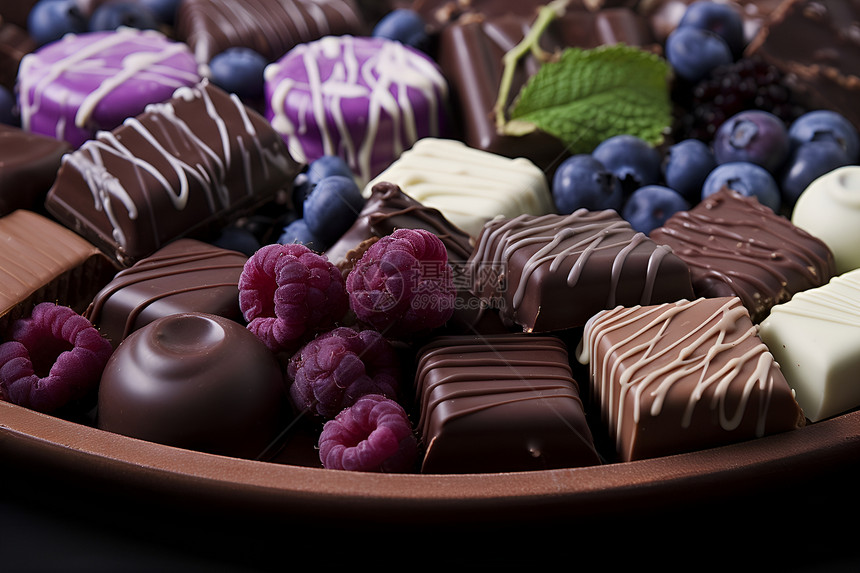 巧克力与浆果盘上的美食艺术图片