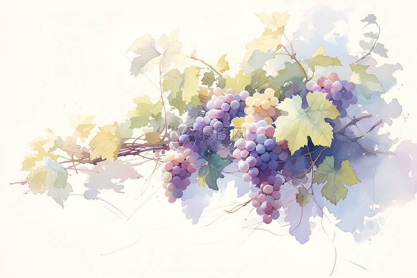 静谧水彩葡萄藤上挂满葡萄图片