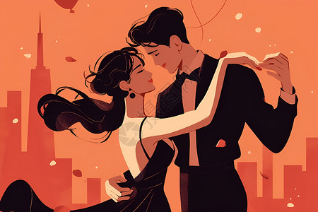 浪漫婚礼跳舞两人在城市中跳舞插画