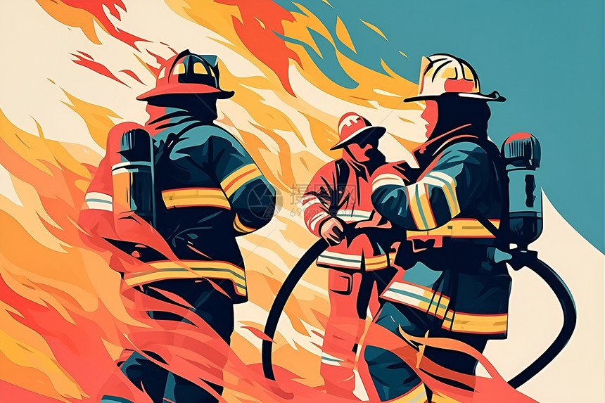 三名消防员正在与火焰搏斗图片
