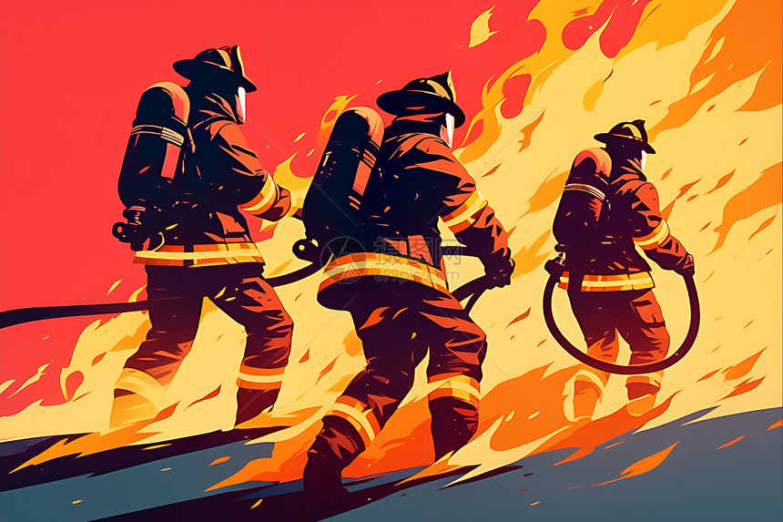 勇敢面对火灾的三名消防员图片
