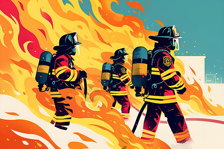 佩戴安全帽勇敢的消防员们与熊熊烈火的对决插画