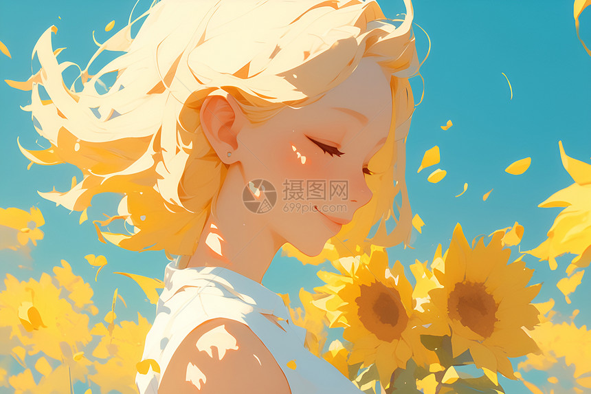 阳光少女在向日葵花海中图片