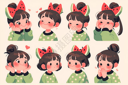 可爱西瓜表情包西瓜小女孩的表情贴纸插画
