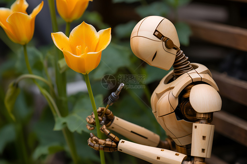 花朵与机器人坐在长凳上图片